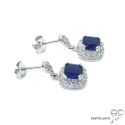 Boucles d'oreilles pendantes en zirconium saphir et brillant, argent massif rhodié, femme, classiques 
