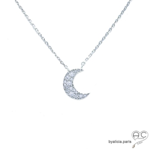 Collier avec croissant de lune brillant en zirconium et argent massif rhodié, ras du cou, femme