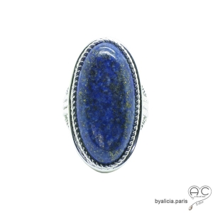 Bague lapis-lazuli, grand ovale en cabochon et argent massif, création fait main, unique, femme