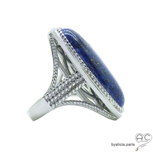 Bague lapis-lazuli, grand ovale en cabochon et argent massif, création fait main, unique, femme