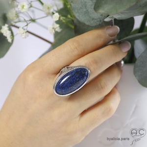 Bague lapis-lazuli, grand ovale en cabochon et argent massif, création fait main, unique, femme