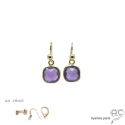 Boucles d\'oreilles améthyste et plaqué or, pierre naturelle violette, pendantes, fait main, création by Alicia