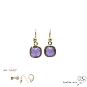 Boucles d'oreilles améthyste et plaqué or, pierre naturelle violette, pendantes, fait main, création by Alicia