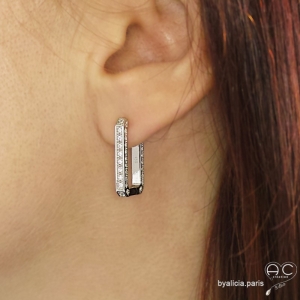 Créoles rectangulaires en argent massif rhodié et zirconium brillant de trois côtés des boucles d'oreilles, tendance