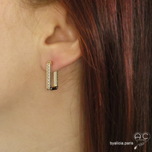 Créoles rectangulaires en plaqué or et zirconium brillant de trois côtés des boucles d'oreilles, tendance