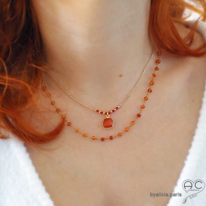 Collier cornaline entouré des petites cornalines orange sur une chaîne en plaqué or, ras de cou, fait main, création by Alicia