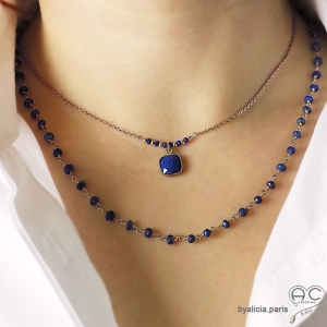 Collier fin avec lapis lazuli sur une chaîne en argent 925 doré à l'or fin, ras de cou, création by Alicia 