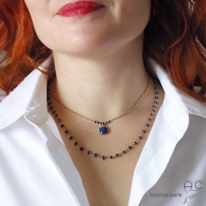 Collier fin avec lapis lazuli sur une chaîne en argent 925 doré à l'or fin, ras de cou, création by Alicia 