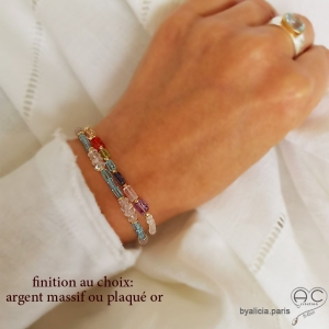 Bracelet en pierre de lune et pierres fines multicouleur, fin, création by Alicia