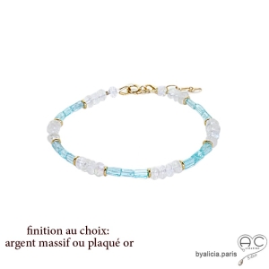 Bracelet en pierre de lune et topaze bleue, pierres fines, bohème chic, création by Alicia