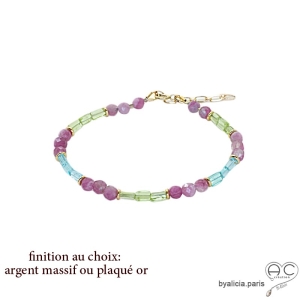 Bracelet en topaze bleue, peridot et tourmaline rose, pierres fines, bohème chic, création by Alicia