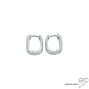 Créoles ovales en argent massif rhodié et zirconium brillant de face, boucles d'oreilles tendance