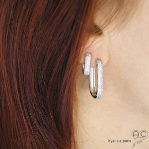 Créoles ovales en argent massif rhodié et zirconium brillant de face, boucles d'oreilles tendance