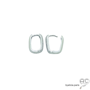 Créoles ovales en argent massif rhodié et zirconium brillant de face, boucles d'oreilles tendance