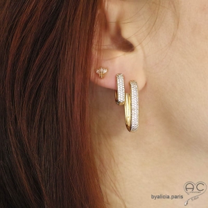 Créoles ovales en plaqué or et zirconium brillant de face, boucles d'oreilles tendance