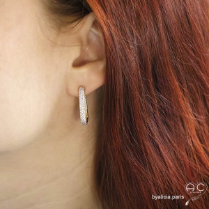 Créoles grandes, ovales en plaqué or et zirconium brillant de face, boucles d'oreilles tendance
