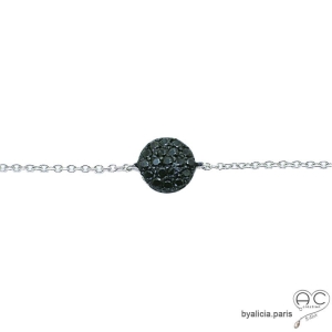 Bracelet avec petit rond en brillants noires et chaîne argent massif rhodié