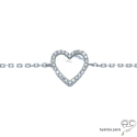 Bracelet coeur en nacre et zirconiums brillants, chaîne en argent massif rhodié