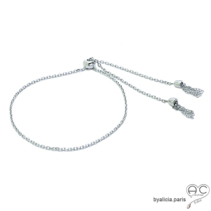 Bracelet fin en argent massif rhodié, chaîne avec deux pompons