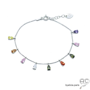 Bracelet avec pampilles en pierres multicolores sur une chaîne en argent massif