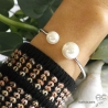 Bracelet jonc flexible en argent massif avec deux perles nacrées, femme