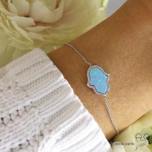 Bracelet avec main de Fatma bleue et zirconium brillant, argent massif rhodié