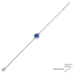 Bracelet fin avec pierre bleue et chaîne en argent massif rhodié