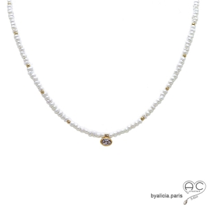 Collier perles de culture avec zirconium brillant, ras de cou fin, plaqué or, fait main, création by Alicia 