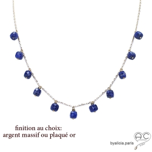 Collier  lapis-lazuli, pampilles cubes sur une chaîne fine en plaqué or ou argent, pierre naturelle bleue, création by Alicia