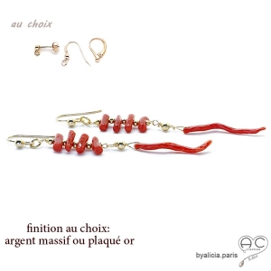 Boucles d'oreilles corail véritable rouge, longues, pendantes, plaqué or ou argent, création by Alicia