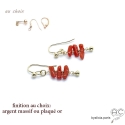 Boucles d\'oreilles corail véritable rouge, pendantes, plaqué or ou argent, création by Alicia