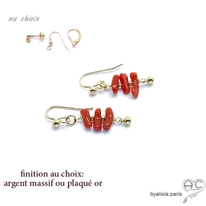 Boucles d'oreilles corail véritable rouge, pendantes, plaqué or ou argent, création by Alicia