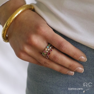 Bague anneau fin serti de zirconium multi couleur tour complet en plaqué or, empilable, femme