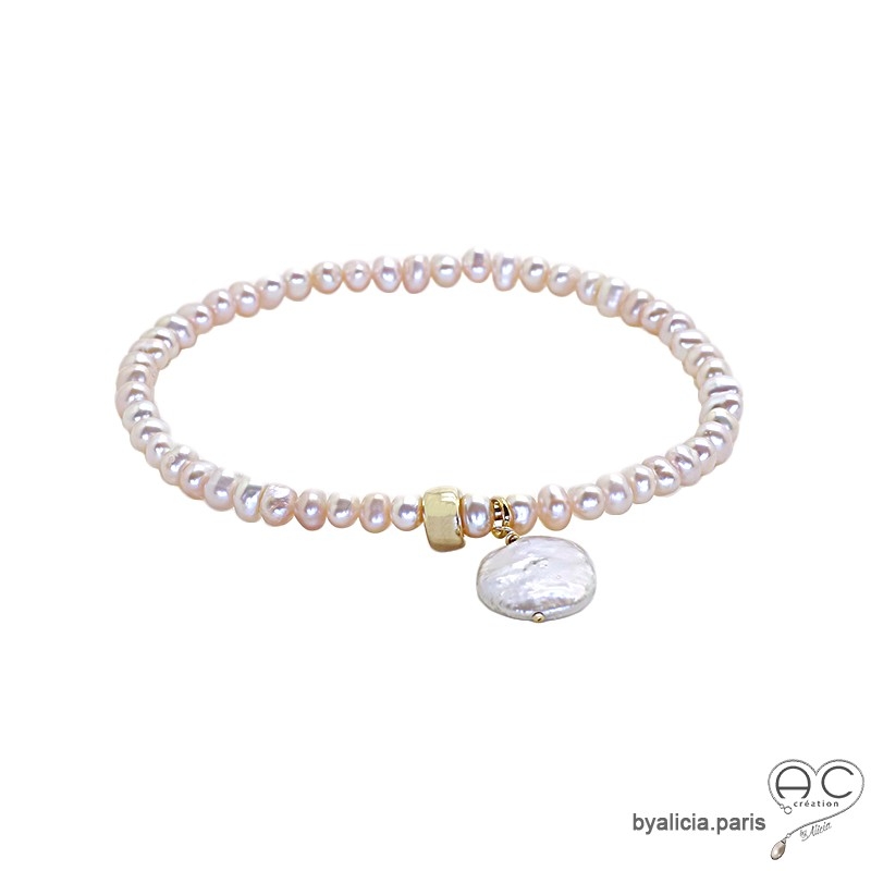 Bracelet en perles de culture d'eau douce rose avec pampille en perle plate ronde, plaqué or, création by Alicia