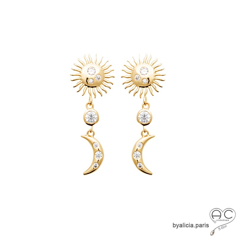 Boucles d'oreilles pendantes, astres, plaqué or, zirconium brillant