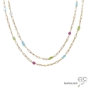 Collier, sautoir avec pierres fines multi-couleur parsemées sur une chaîne en plaqué or, longueur au choix, création by Alicia