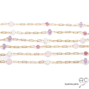 Collier, sautoir, avec pierres fines, rose, violet, parsemées sur une chaîne en plaqué or, longueur au choix, création by Alicia