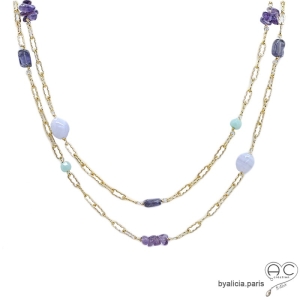 Collier, sautoir, pierres fines, bleue, violet, parsemées sur une chaîne en plaqué or, longueur au choix, création by Alicia