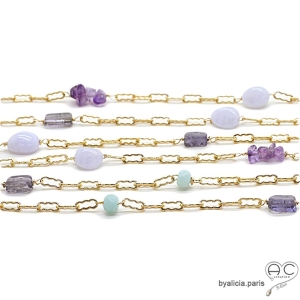 Collier, sautoir, pierres fines, bleue, violet, parsemées sur une chaîne en plaqué or, longueur au choix, création by Alicia