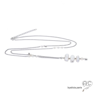 Sautoir perles baroques naturelles, longues, chaîne argent massif rhodié parsemé des perles, fait main, création by Alicia