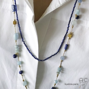 Sautoir, aigue-marine et lapis-lazuli, plaqué or, fait main, bohème, création by Alicia