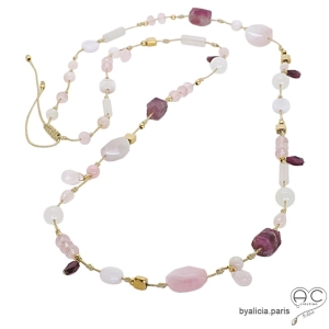 Sautoir, quartz rose et tourmaline, plaqué or, fait main, bohème, création by Alicia
