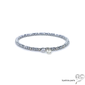 Bracelet hématite, pierre naturelle, pampille poisson en argent 925 et petit brillant en cristal, bohème, création by Alicia