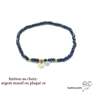 Bracelet en hématite bleue avec pampille médaille, fait main, création by Alicia