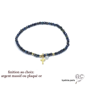 Bracelet en hématite bleue avec pampille croix, fait main, création by Alicia
