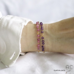 Bracelet fin tourmaline rose et plaqué or, pierre naturelle sur un cordon, fait main, création by Alicia