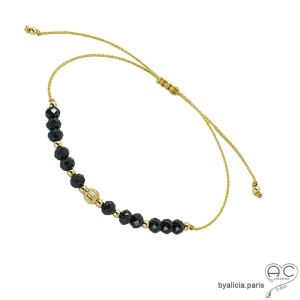 Bracelet fin spinelle noire et plaqué or, pierre naturelle sur un cordon, fait main, création by Alicia
