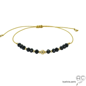 Bracelet fin spinelle noire et plaqué or, pierre naturelle sur un cordon, fait main, création by Alicia