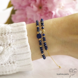 Bracelet fin lapis-lazuli et plaqué or, pierre naturelle sur un cordon, fait main, création by Alicia
