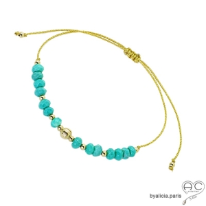 Bracelet fin turquoise et plaqué or, pierre naturelle sur un cordon, fait main, création by Alicia